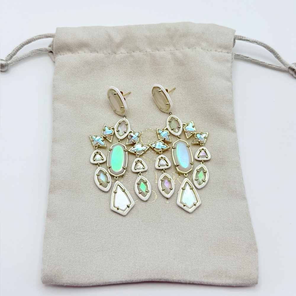 Kendra Scott Luxury Greta Gold Tone Ivory Iridescent Chandelier Earrings $198 - Picture 13 of 16